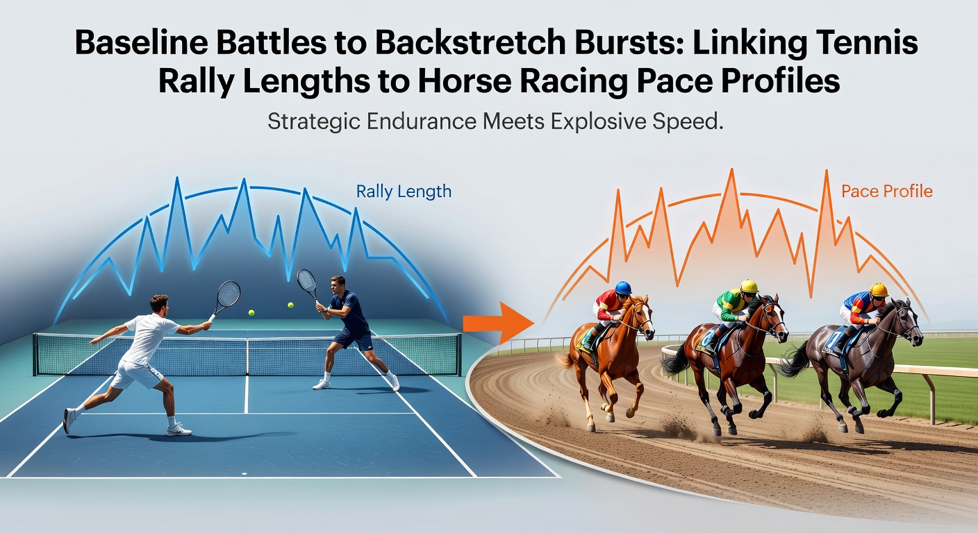 Close-up of a tennis baseline exchange overlaid with a horse racing pace chart showing early speed versus late closers
