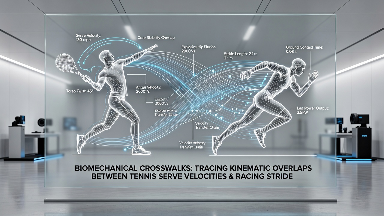 Data visualization overlay showing kinematic graphs of serve velocity, stride length, and sprint acceleration