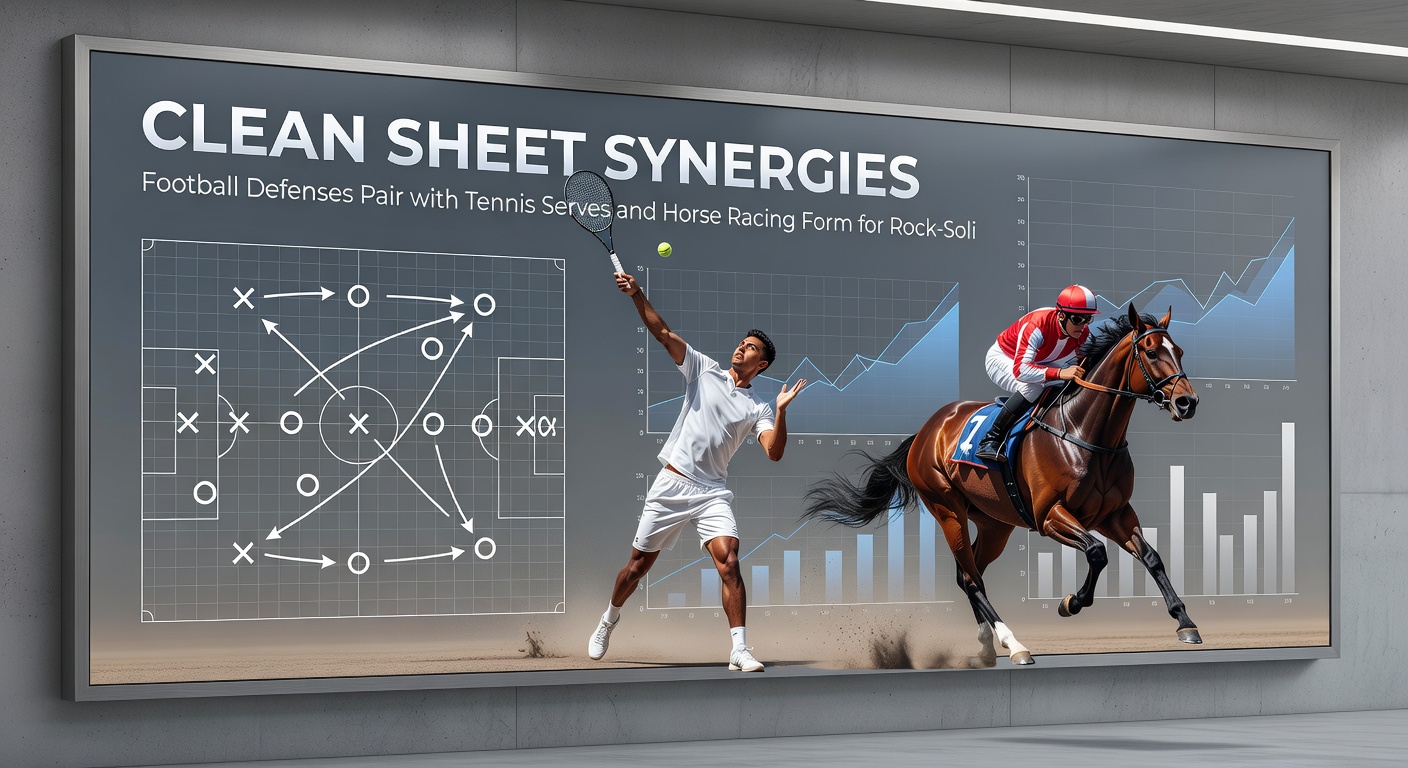 Close-up visuals of a soccer defense in action blocking a shot, a tennis ace whizzing past the returner, and a jockey urging a horse to victory based on prime form