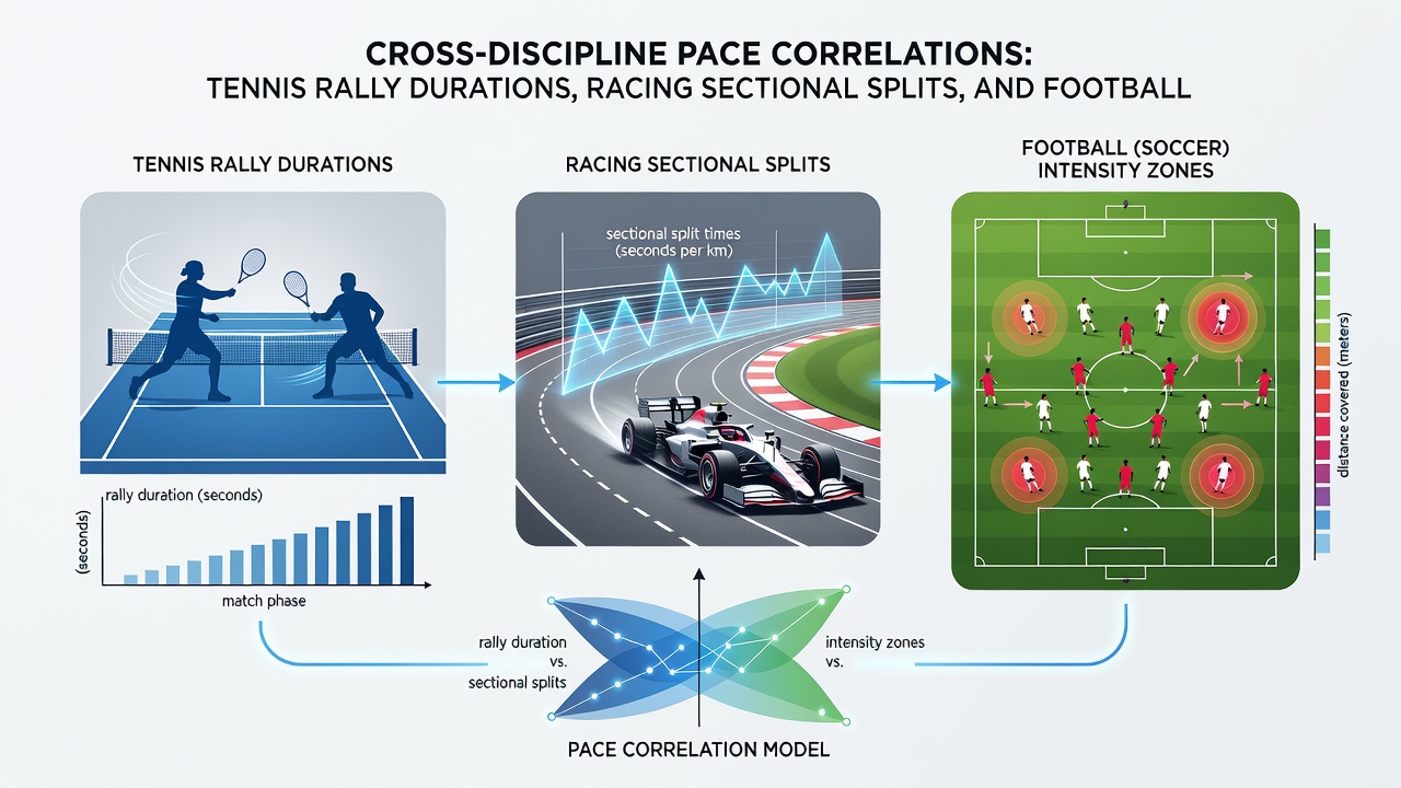 Split screen graphic comparing football pressing heatmaps with tennis rally length charts and horse racing sectional graphs