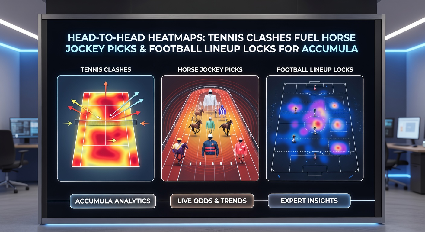 Split visualization comparing tennis H2H heatmap with horse racing jockey win-rate grid and football team clash stats