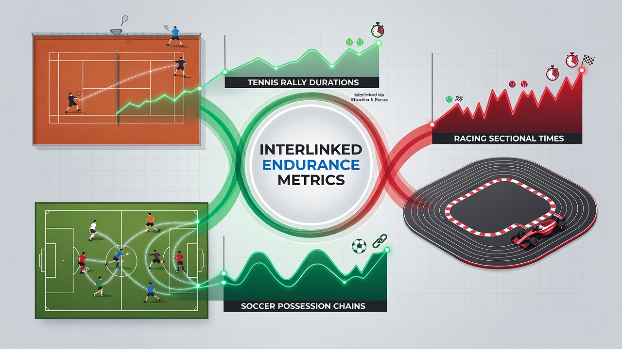 Split time graphs overlaid on a horse racing track alongside soccer possession heatmaps and tennis rally duration charts