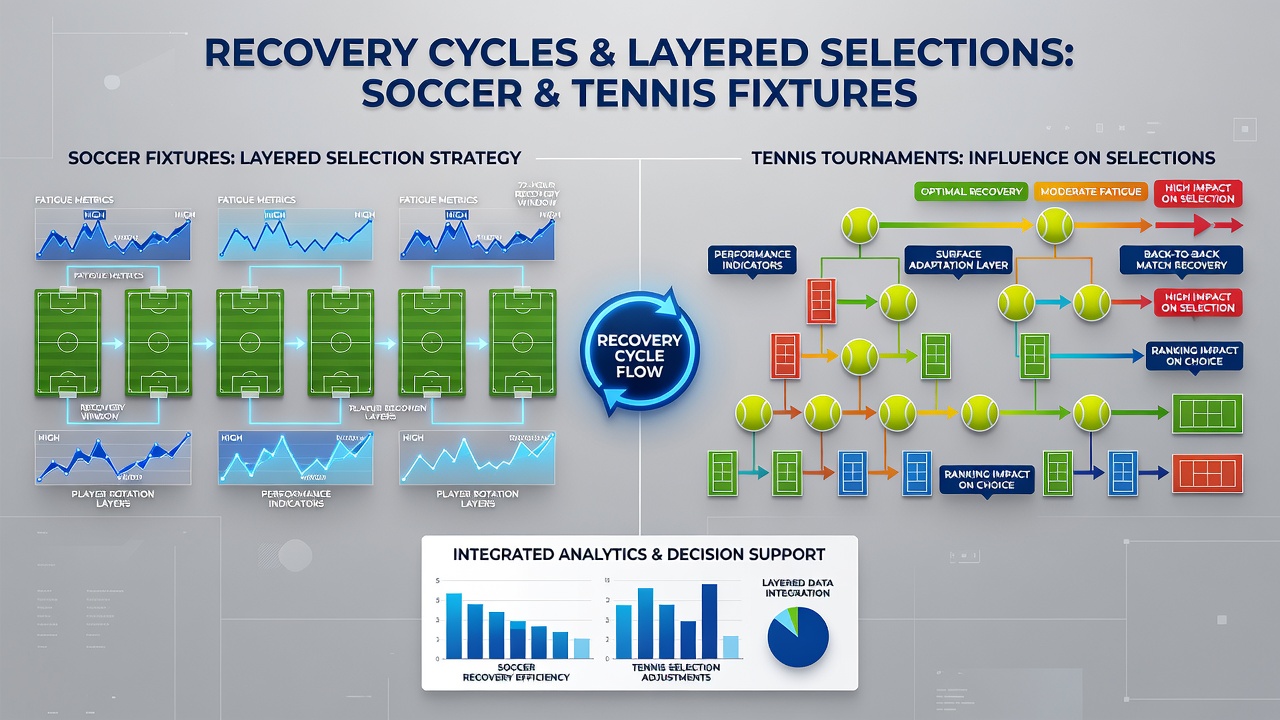 Layered betting selections combining soccer, tennis, and racing outcomes with recovery data overlays