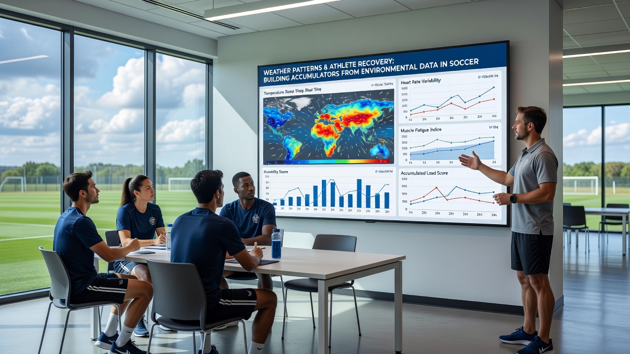 Detailed weather station data and recovery metrics displayed alongside soccer pitch, tennis court, and racetrack surfaces